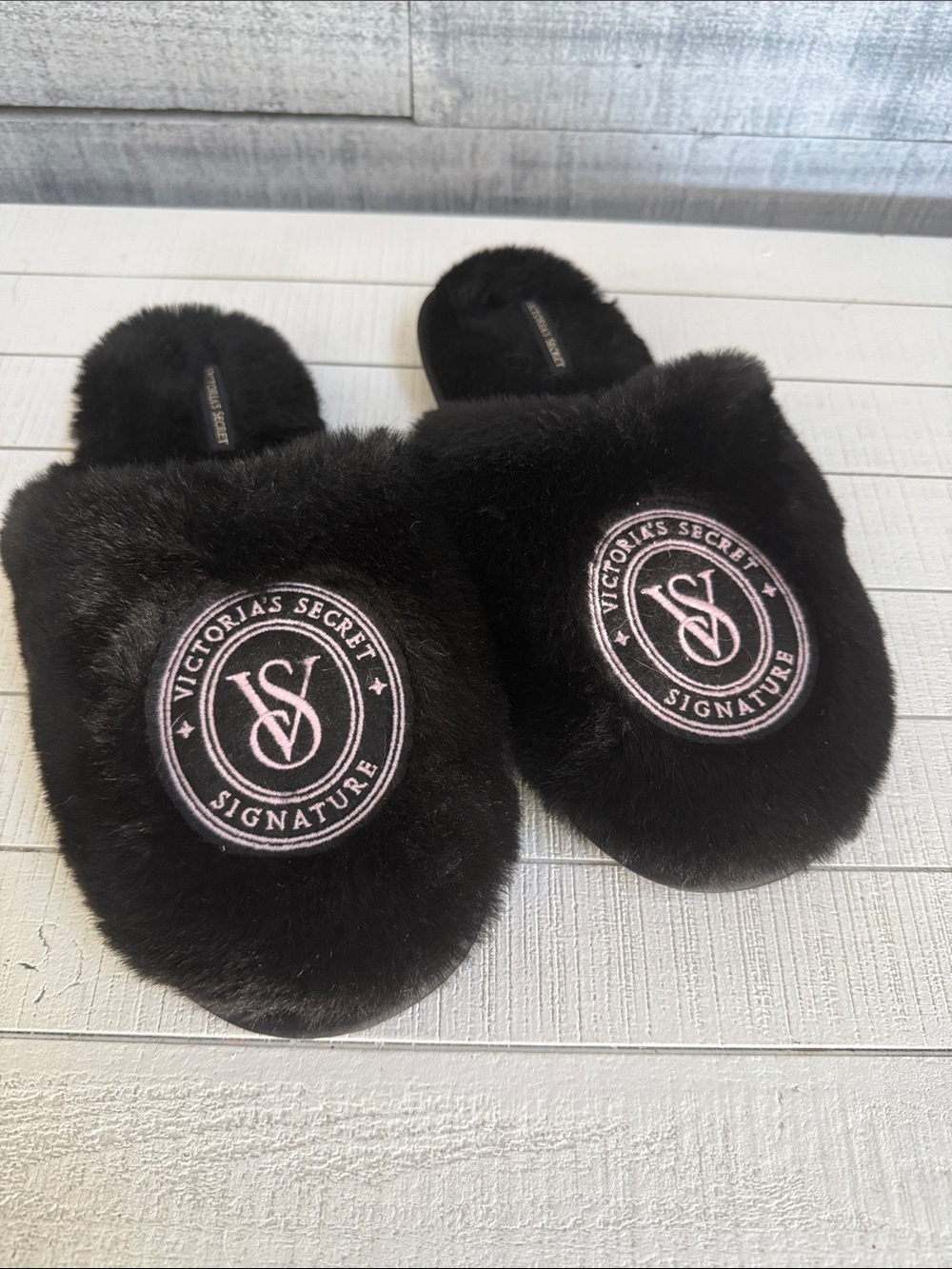 Victoria's Secret Black Faux Fur Logo Slide Slippers